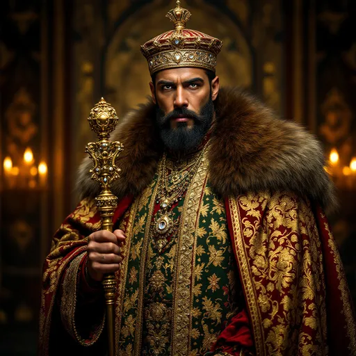 Prompt: Draped in an elaborate, ornately patterned robe that displays rich golds, reds, and deep greens, a regal figure stands confidently, exuding an air of authority and grandeur. His attire is complemented by a luscious fur collar and a traditional hat that adds to his imposing presence. Holding a beautifully crafted scepter adorned with jewels, he gazes intensely, with a meticulously groomed beard and piercing eyes that reflect strength. The background features intricate designs and warm lighting that evoke a sense of historic opulence, enhancing the dramatic atmosphere of this scene, which seems both timeless and steeped in tradition. The overall mood conveys a powerful narrative, reminiscent of a commanding ruler from a bygone era.