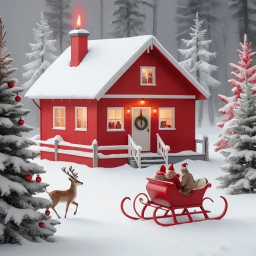 Prompt: A vintage holiday postcard showcasing a Scandinavian-style Christmas scene. A quaint wooden house painted red stands amidst snow-covered trees, with a simple yet elegant wreath on the door. Inside, visible through frosted windows, a family gathers around a minimalist Christmas tree adorned with candles and handcrafted ornaments. A reindeer-drawn sleigh waits outside. The postcard features clean, minimalist vintage typography reading “God Jul” in bold, classic lettering, with a muted palette of whites, greys, and soft reds, all on slightly textured paper