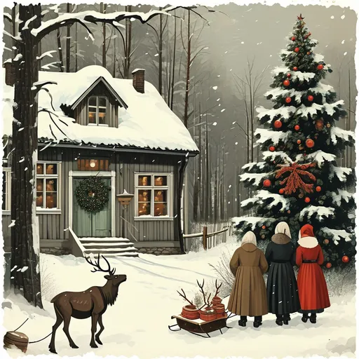 Prompt: A vintage holiday postcard showcasing a Scandinavian-style Christmas scene. A quaint wooden house painted red stands amidst snow-covered trees, with a simple yet elegant wreath on the door. Inside, visible through frosted windows, a family gathers around a minimalist Christmas tree adorned with candles and handcrafted ornaments. A reindeer-drawn sleigh waits outside. The postcard features clean, minimalist vintage typography reading “God Jul” in bold, classic lettering, with a muted palette of whites, greys, and soft reds, all on slightly textured paper