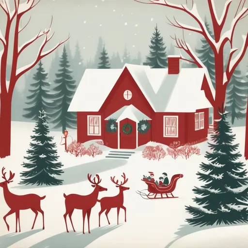 Prompt: A vintage holiday postcard showcasing a Scandinavian-style Christmas scene. A quaint wooden house painted red stands amidst snow-covered trees, with a simple yet elegant wreath on the door. Inside, visible through frosted windows, a family gathers around a minimalist Christmas tree adorned with candles and handcrafted ornaments. A reindeer-drawn sleigh waits outside. The postcard features clean, minimalist vintage typography reading “God Jul” in bold, classic lettering, with a muted palette of whites, greys, and soft reds, all on slightly textured paper