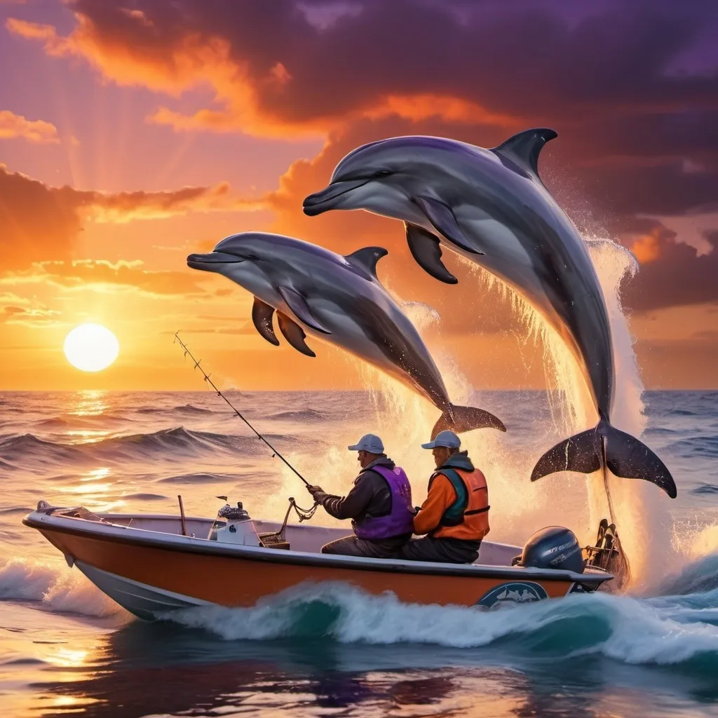 Prompt: a fisherman in the board at sea with two dolphin playing with him.  Back ground sun set in the evening with high wave
