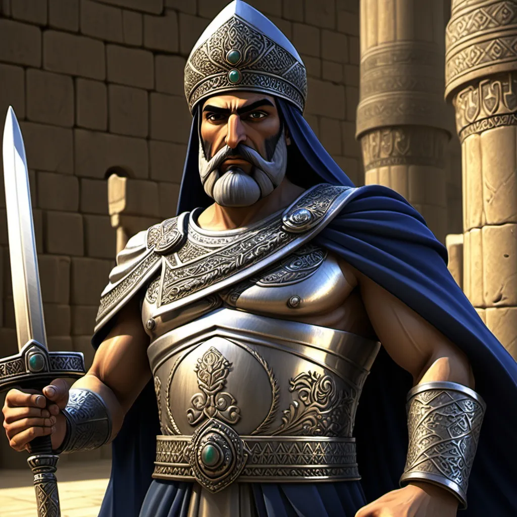 Prompt: Kourosh one of the Iranian kings and warriors, wields a sword in Persepolis in a computer game called Legend of Persia: Shadows of History. It is mandatory to use the name of the game and the name of the studio, which is NRK STUDIO.