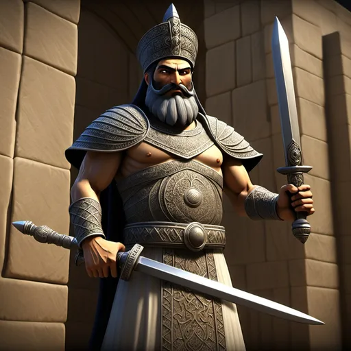 Prompt: Kourosh one of the Iranian kings and warriors, wields a sword in Persepolis in a computer game called Legend of Persia: Shadows of History. It is mandatory to use the name of the game and the name of the studio, which is NRK STUDIO.