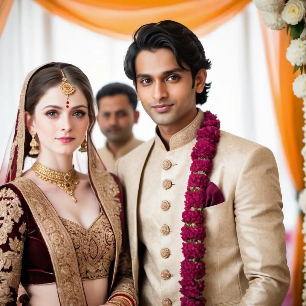 Prompt: a young attractive Indian Groom, with golden eyes, and pale skin, wearing a stylish three-piece suit. Standing in a Marriage mandap, holding his bride, dark brown hairdo in an updo, golden eyes, and pale skin, wearing a traditional mirror and embroidery work lehanga outfit.