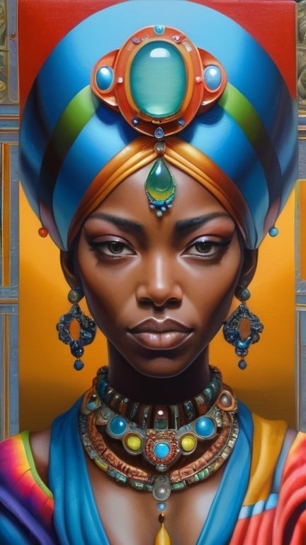 Prompt: a painting of a woman in a colorful outfit with jewelry on her head and hands in her other hand, Android Jones, cloisonnism, intricate oil painting, a fine art painting