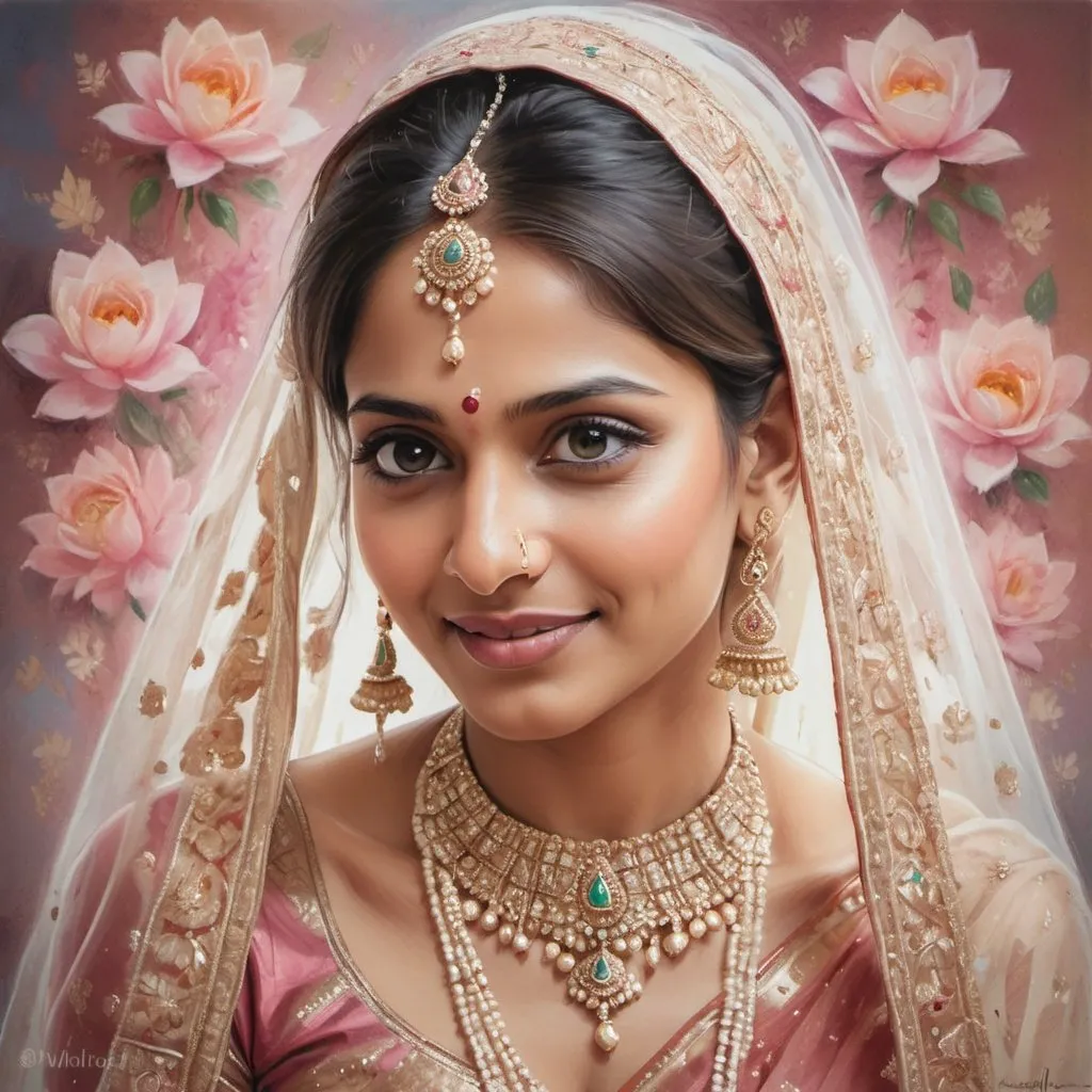 Prompt:  captivating portrait capturing the diverse emotions of a beautiful Indian bride adorned in exquisite bridal attire. The canvas showcases a symphony of cultural elegance, portraying moments of joy, contemplation, excitement, and serenity as the bride expresses her innermost feelings on this special day. In a pastel crayon drawings style with a background of heavenly flowers and soft veils in pastel cryon drawing format
