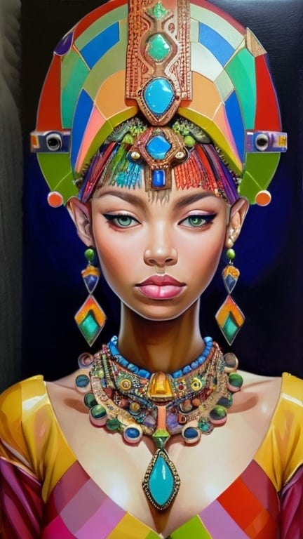 Prompt: a painting of a woman in a colorful outfit with jewelry on her head and hands in her other hand, Android Jones, cloisonnism, intricate oil painting, a fine art painting