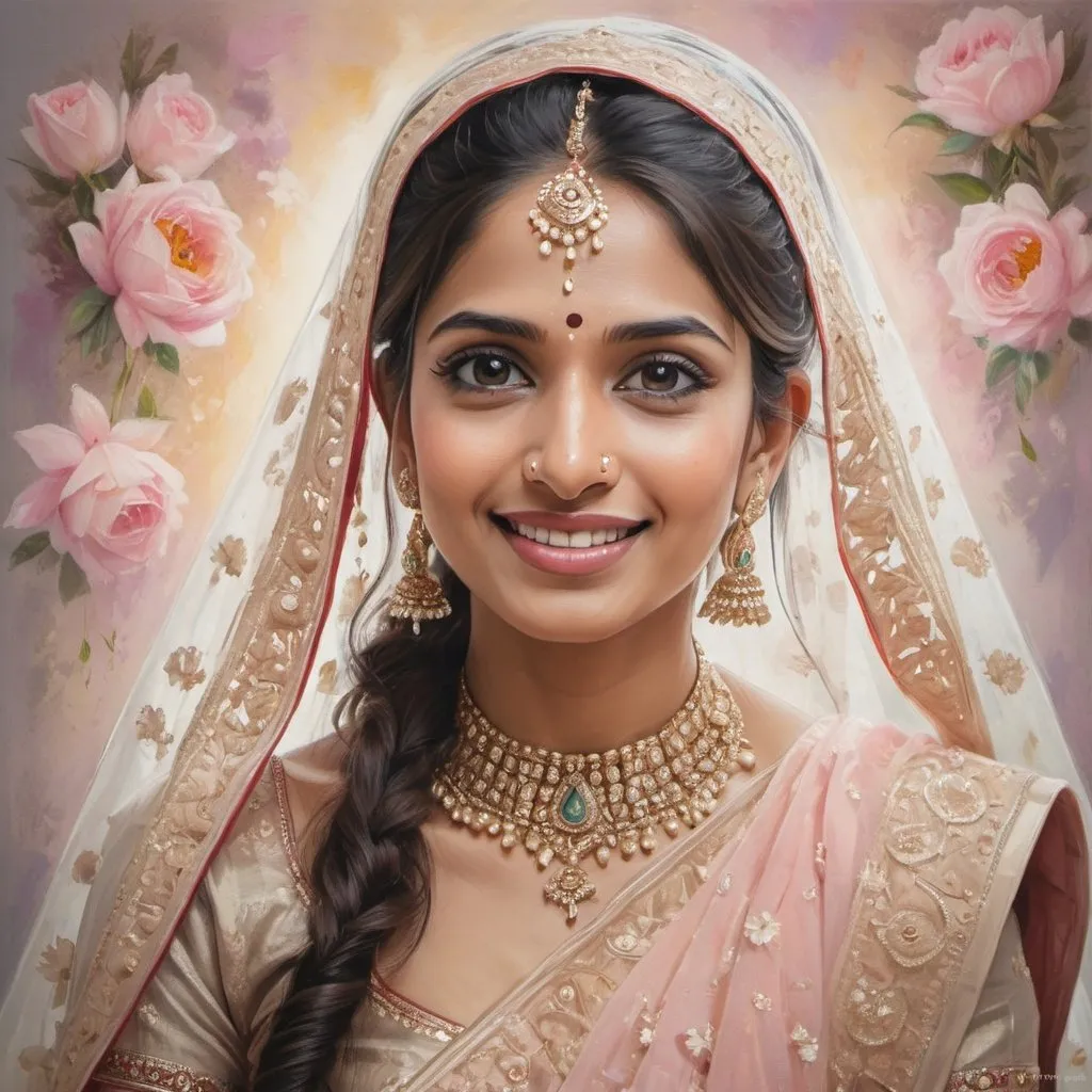 Prompt:  captivating portrait capturing the diverse emotions of a beautiful Indian bride adorned in exquisite bridal attire. The canvas showcases a symphony of cultural elegance, portraying moments of joy, contemplation, excitement, and serenity as the bride expresses her innermost feelings on this special day. In a pastel crayon drawings style with a background of heavenly flowers and soft veils in pastel cryon drawing format. provide a 80% ride side portrait