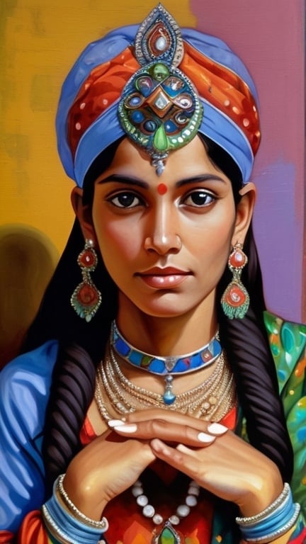 Prompt: a painting of a north indian woman in a colorful outfit with jewelry on her head and hands in her other hand, Android Jones, cloisonnism, intricate oil painting, a fine art painting