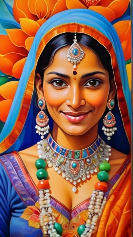 Prompt: a painting of a north indian woman in a colorful outfit donned with jewelry from head to toe. in , Android Jones, cloisonne, intricate oil painting, a fine art painting. In heavenly realistic beautiful happy face portrait, in a background of soft flower blooms and soft veils design in background walls and decors, as godly as possible