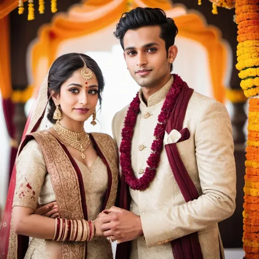 Prompt: a young attractive Indian Groom, with golden eyes, and pale skin, wearing a stylish three-piece suit. Standing in a Marriage mandap, holding his bride, dark brown hairdo in an updo, golden eyes, in indian skin, wearing a traditional mirror and embroidery work lehanga outfit.