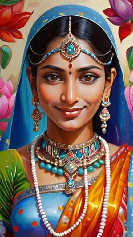 Prompt: a painting of a north indian woman in a colorful outfit donned with jewelry from head to toe. in , Android Jones, cloisonne, intricate oil painting, a fine art painting. In heavenly realistic beautiful happy face portrait, in a background of soft flower blooms and soft veils design in background walls and decors, as godly as possible in a Ramayan theme