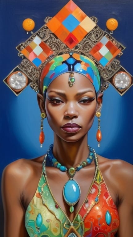 Prompt: a painting of a woman in a colorful outfit with jewelry on her head and hands in her other hand, Android Jones, cloisonnism, intricate oil painting, a fine art painting