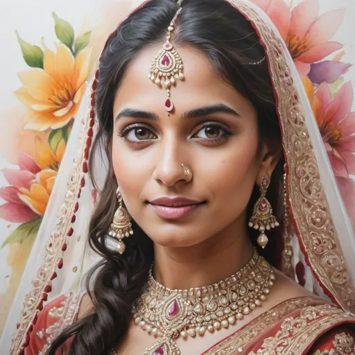 Prompt:  Create a crayon drawing for  an A3 SIZE  capturing the ethereal beauty of an Indian bride amidst a backdrop of heavenly soft flower blooms. Focus on portraying the bride's right-side facial portrait, showcasing approximately 80% of her full face, radiating with the softness of happiness and serenity.