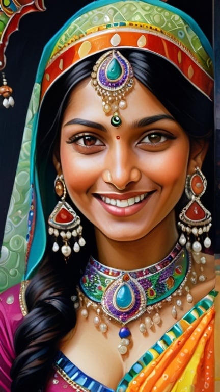 Prompt: a painting of a north indian woman in a colorful outfit donned with jewelry from head to toe. in , Android Jones, cloisonne, intricate oil painting, a fine art painting. In heavenly realistic beautiful happy face portrait