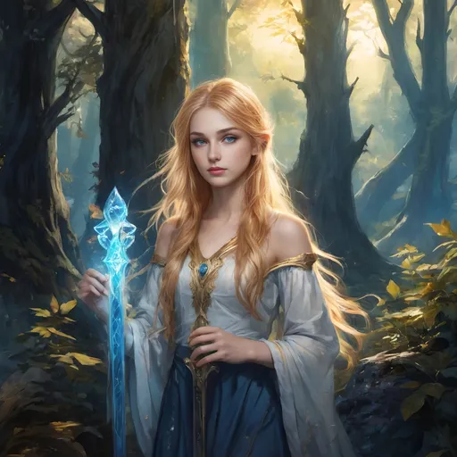 Prompt: 
Book Cover for "Shadows of Eternal Dawn":

In the foreground, beneath the rays of the first light, stands a young and resolute girl with long golden hair and bright blue eyes. In her hands, she holds a golden magical staff crowned with a crystal, emanating light and magic. To her right, an elf stands, holding a bow in his hands. To her left, a swordsman in black attire is seated, the sword resting against his shoulder.

They are situated in a magical forest, where mystical energies and ancient secrets intertwine. The cover captures the essence of "Shadows of Eternal Dawn," where the protagonists embark on a journey through the enchanting realms of light and shadow.