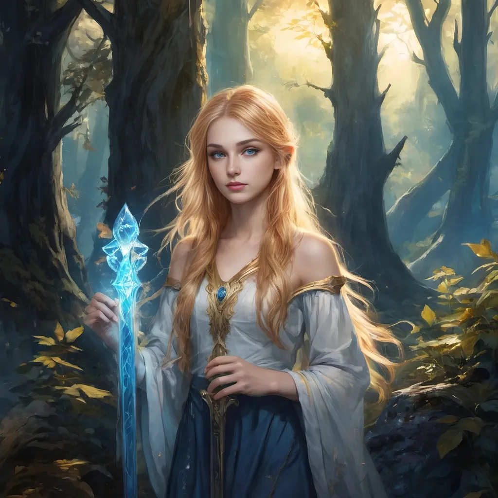 Prompt: 
Book Cover for "Shadows of Eternal Dawn":

In the foreground, beneath the rays of the first light, stands a young and resolute girl with long golden hair and bright blue eyes. In her hands, she holds a golden magical staff crowned with a crystal, emanating light and magic. To her right, an elf stands, holding a bow in his hands. To her left, a swordsman in black attire is seated, the sword resting against his shoulder.

They are situated in a magical forest, where mystical energies and ancient secrets intertwine. The cover captures the essence of "Shadows of Eternal Dawn," where the protagonists embark on a journey through the enchanting realms of light and shadow.