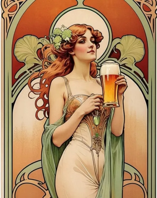 Prompt: affiche publicitaire art nouveau pour bière avec femme et houblon couleurs doré et vert clair