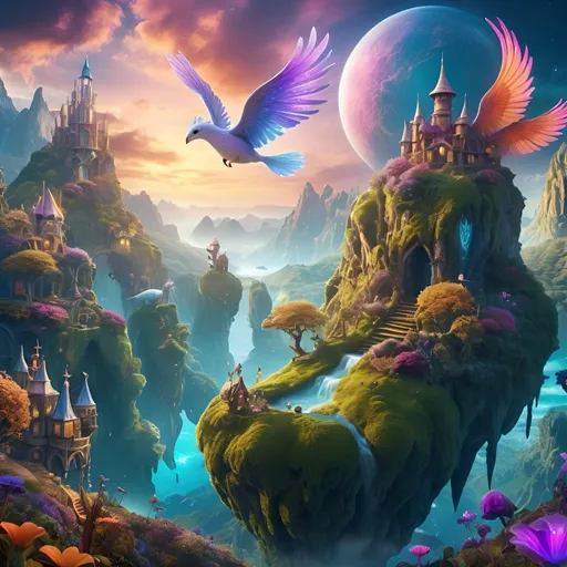 Prompt: (fantasy style image), surreal landscapes, ethereal creatures, vivid colors, mystical atmosphere, dreamlike details, enchanting lighting, lush environments, whimsy elements, high fantasy motifs, (epic scenery), otherworldly ambiance, ultra-detailed, vibrant hues, whimsical characters, intricate textures, cinematic depth, 4K resolution.