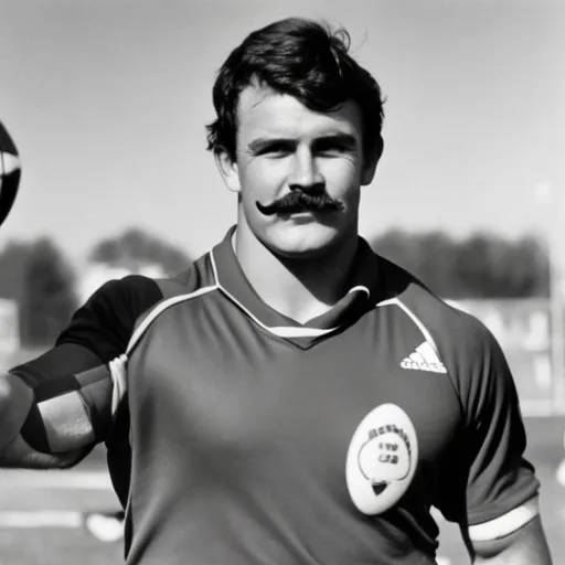 Prompt: Photograph of a male rugby player with a mustache and brown hair. He is in front of a plain background and is waving one hand. 