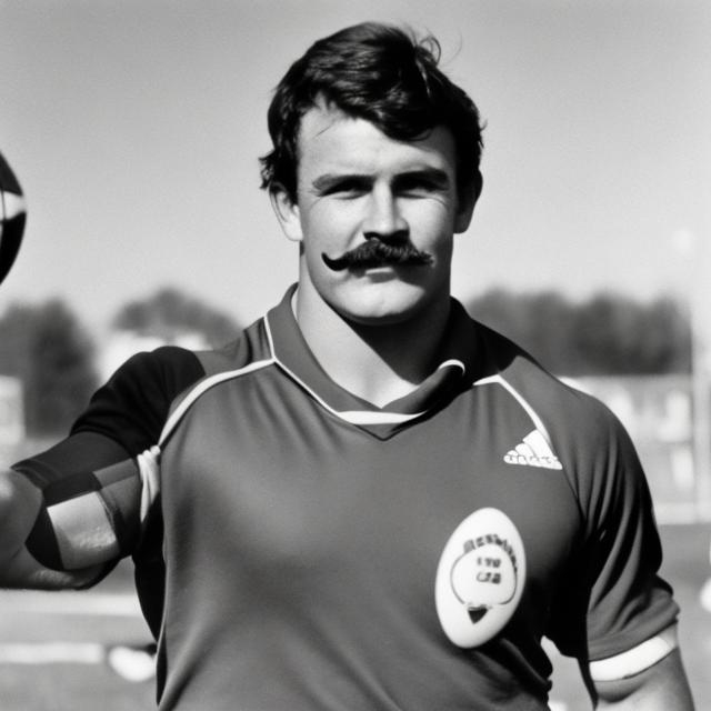 Prompt: Photograph of a male rugby player with a mustache and brown hair. He is in front of a plain background and is waving one hand. 