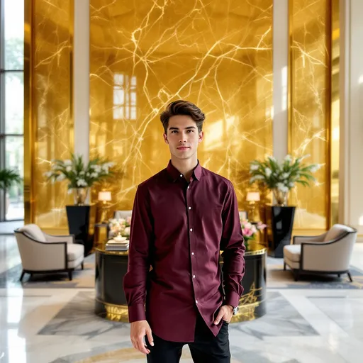 Prompt: A tall young man stands confidently in an elegant lobby, dressed in a deep burgundy shirt and casual black pants, with his hands relaxed at his sides. Behind him, a striking golden marble wall rises dramatically, reflecting the luxurious ambiance of the space. The polished black surface of a decorative table in front of him glistens, mirroring the ornate patterns and finishes that characterize the lobby. Soft, natural light streams through the expansive glass windows, illuminating the plush seating areas adorned with stylish armchairs and delicate floral arrangements, enhancing the overall sophisticated atmosphere. The scene conveys a sense of modern opulence and tranquility, inviting guests to appreciate their surroundings.