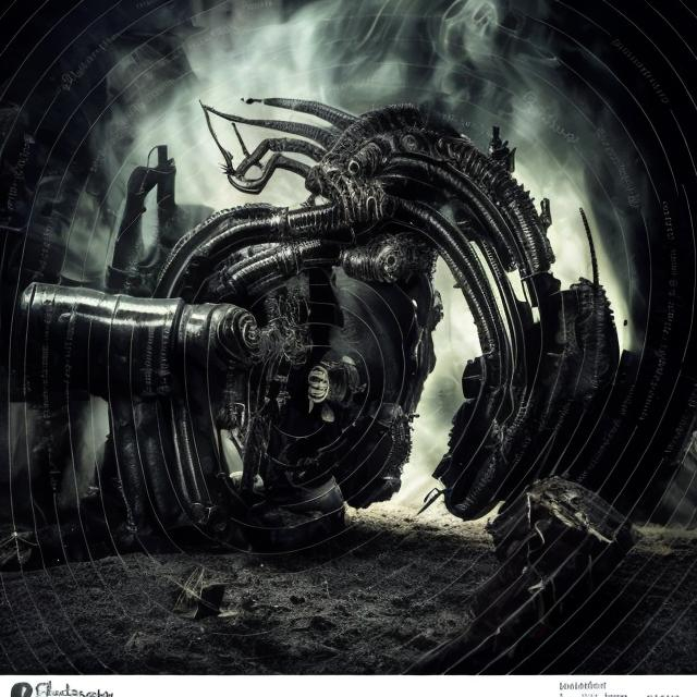 Prompt: dark atmosphere
motor of darkness
infernal machine
wheel and cogs
pistons
smoke
dark
in the style of Hr Giger
Alien
insects