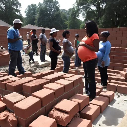 Prompt: laying bricks, and pregnant ladies