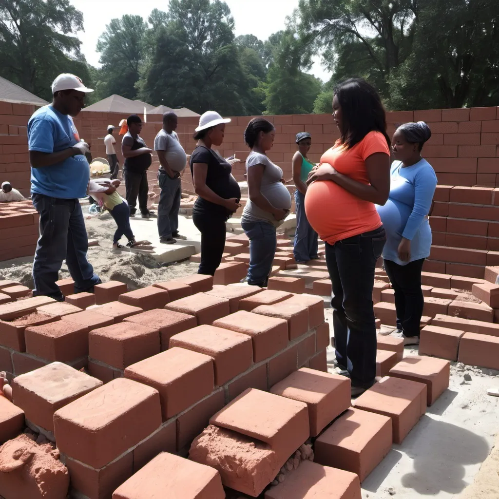 Prompt: laying bricks, and pregnant ladies