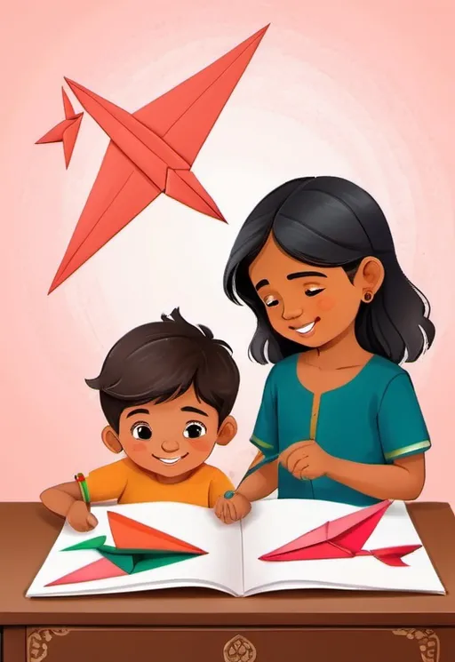 Prompt: cover for a paper activity book for Indian kids. An Indian boy and a girl making an origami plane