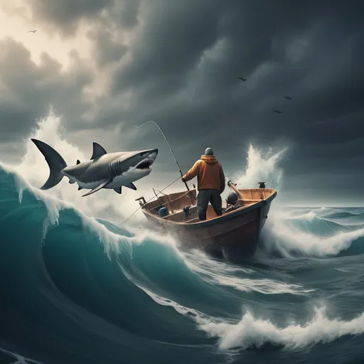 Prompt: A fisher man with his small boat  fishing in ocean and large waves and sharking are attacking their to him and he is struggling to save him self and at 
 he kills shark 