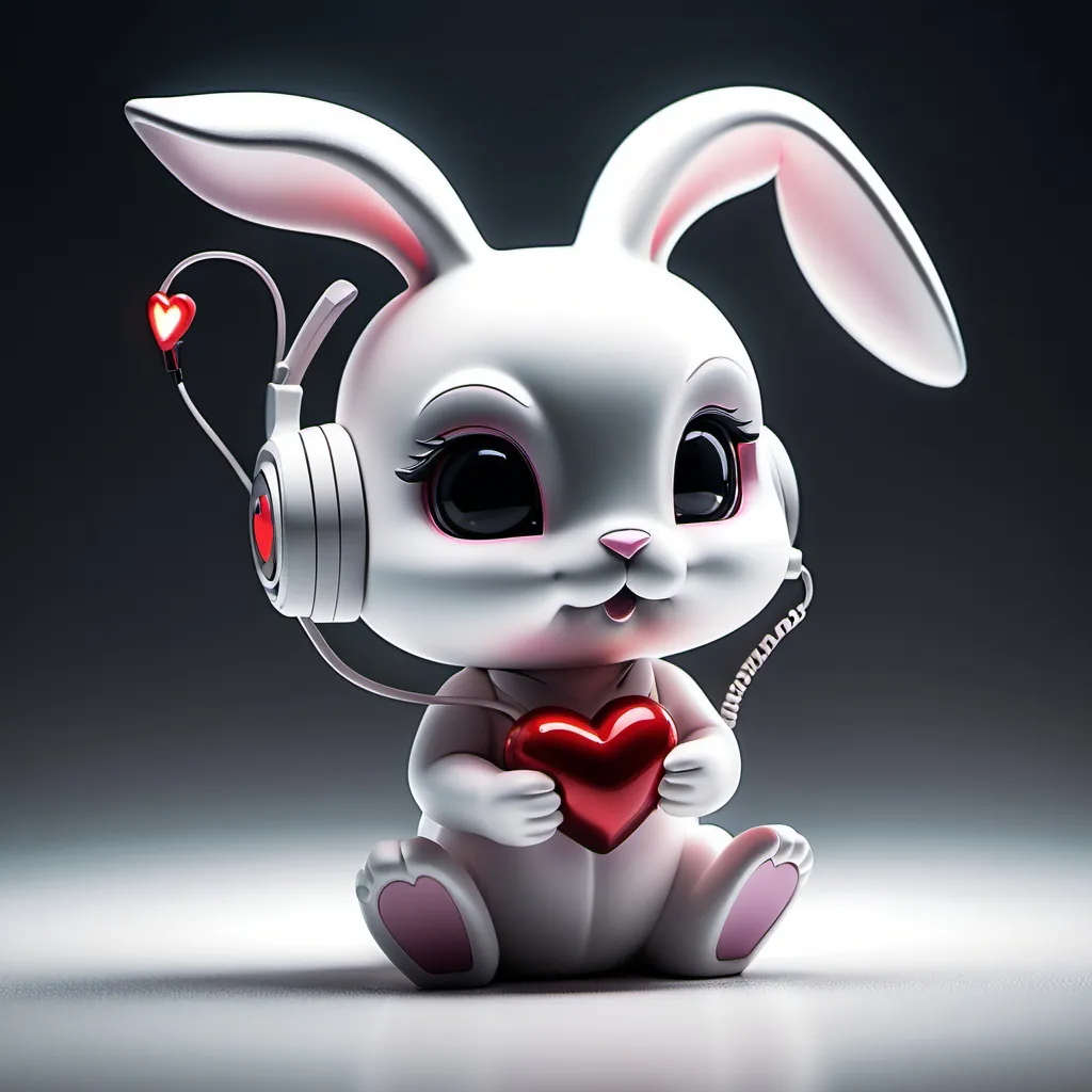 Prompt: nthropomorphic chibi bunny with heartphone “An epic and enigmatic scene in a shifting world of light and shadow. The environment is undefined but vast, on an all-white background , Cinematic HDR lighting enhances the mood, with soft, ethereal glows against the deep contrasts of darkness, creating a sense of unspoken power and mystery.