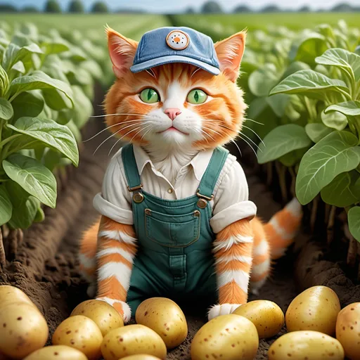 Prompt: A highly detailed, photorealistic image of a vibrant orange ginger cat with bright green eyes, fluffy whiskers, and a sprinkle of freckles on its nose, wearing a pair of faded blue overalls with white buttons and a matching fedora hat, carefully digging up and harvesting potatoes from a lush, emerald green potato field filled with wavy rows of leafy potato plants, with a few scattered potatoes peeking out of the soil. In the background, a rustic, weathered gray farmhouse with a corrugated iron roof and a few wispy trees surrounds the rolling hills of the countryside, bathed in warm, golden sunlight.