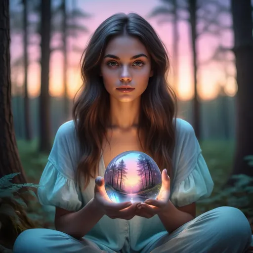 Prompt: Create a realistic image of a serene woman sitting in a peaceful forest at twilight, holding a glowing crystal ball emitting soft pastel lights in shades of #c7aec7, #f0d0c8, #a3b9b7, #d8d7e4, #ffe6e1, and #809898. The background features flowers, trees, and a crescent moon.
