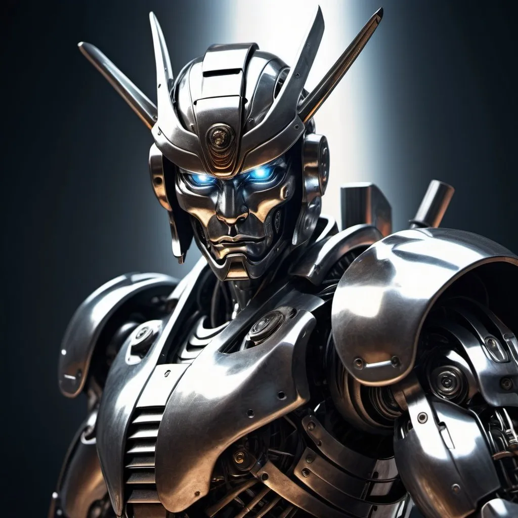 Prompt: Very strong robot samurai, metallic sheen, slicing motion, futuristic battlefield, intense and focused gaze, high-tech armor, metallic reflections, dramatic lighting, high quality, futuristic, intense action, metallic sheen, robotic, intense lighting, high contrast