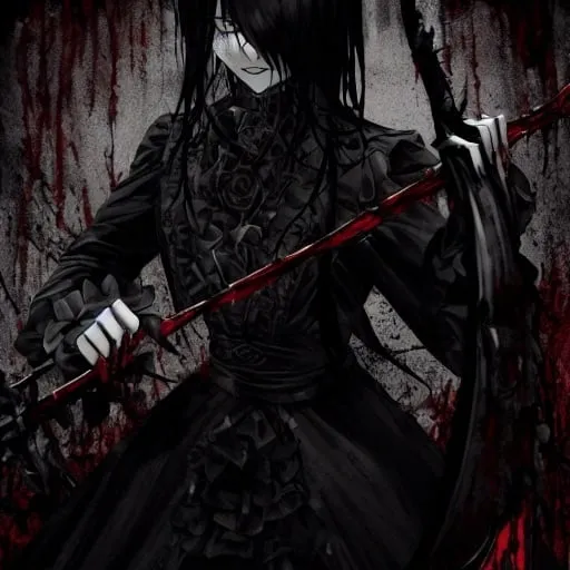 Prompt: Psycho holding a large scythe, bloodstains, macabre atmosphere, high contrast, horror style, dark tones, ominous lighting, detailed facial expression, menacing gaze, textured materials, high quality, horror, macabre, dark tones, menacing, detailed scythe, bloodstains, high contrast, detailed facial expression, textured materials, ominous lighting