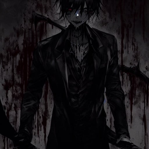 Prompt: A boy Psycho with a large scythe, blood stains, eerie atmosphere, dark and ominous, high contrast, horror style, intense expression, detailed and gory, sinister lighting, dramatic shadows, menacing presence, highres, dark and eerie, horror, detailed scythe, blood stains, intense gaze, sinister atmosphere, professional, dramatic lighting