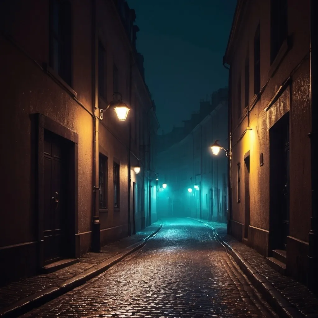 Prompt: I walked alone Narrow streets of cobblestone, beneath the halo of a street lamp. Cold and damp road. neon light
