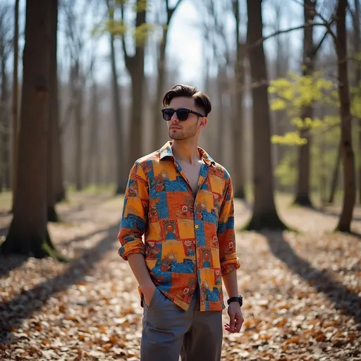 Prompt: Amidst a serene forest setting, vibrant sunlight filters through the bare branches of tall trees, creating a beautiful interplay of light and shadows on the ground covered with brown leaves. A young man stands confidently, wearing a brightly patterned shirt adorned with bold geometric designs, paired with loose-fitting gray pants. His sunglasses reflect a sense of casual coolness, and he gazes slightly off-camera, giving a relaxed yet contemplative expression. The freshness of early spring is palpable, with hints of green beginning to emerge, suggesting a peaceful and rejuvenating outdoor atmosphere, complemented by the natural textures and earthy hues surrounding him.