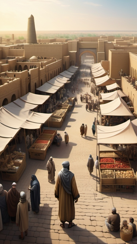 Prompt: panoramic view of the ancient city of Babylon with its bustling markets and crowded streets. A man, Arkad, stands in the center, dressed in simple clothes, looking around with ambition.