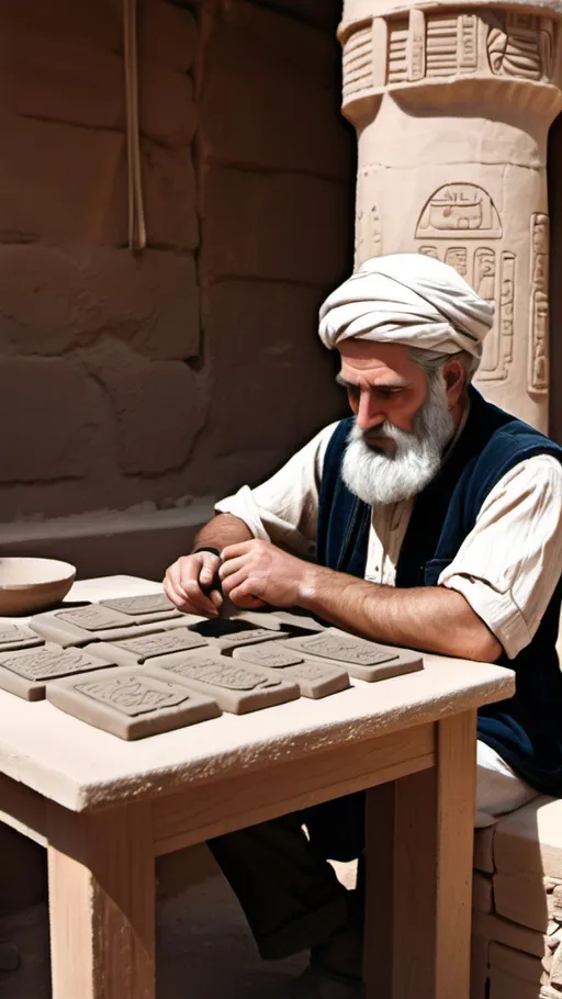 Prompt: Arkad, sitting at a wooden table, carving clay tablets with concentration. Next to him, a pile of finished tablets. In the background, a window showing the city of Babylon