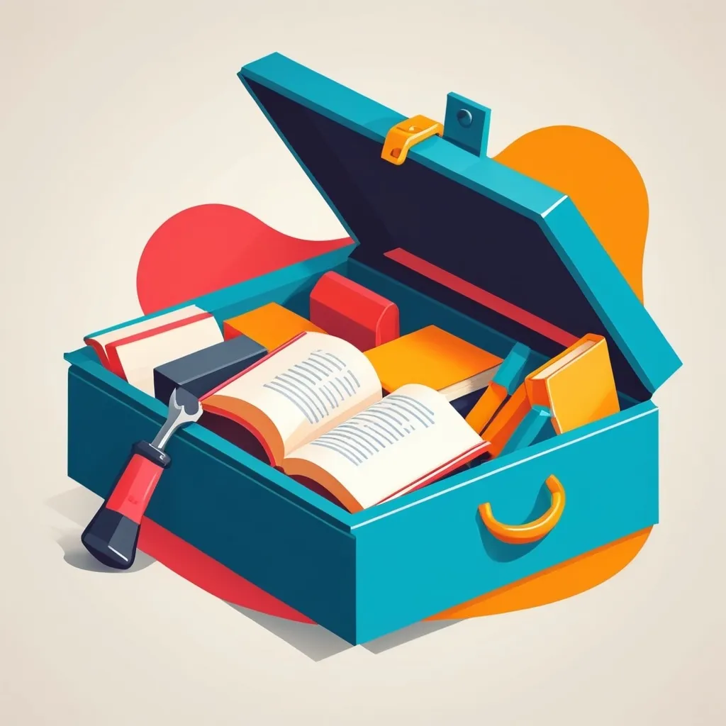 Prompt: illustrations for a book-cover,flat design,simple shapes,vector,colorful,2D,stylised 
open tool box very near to an open book
