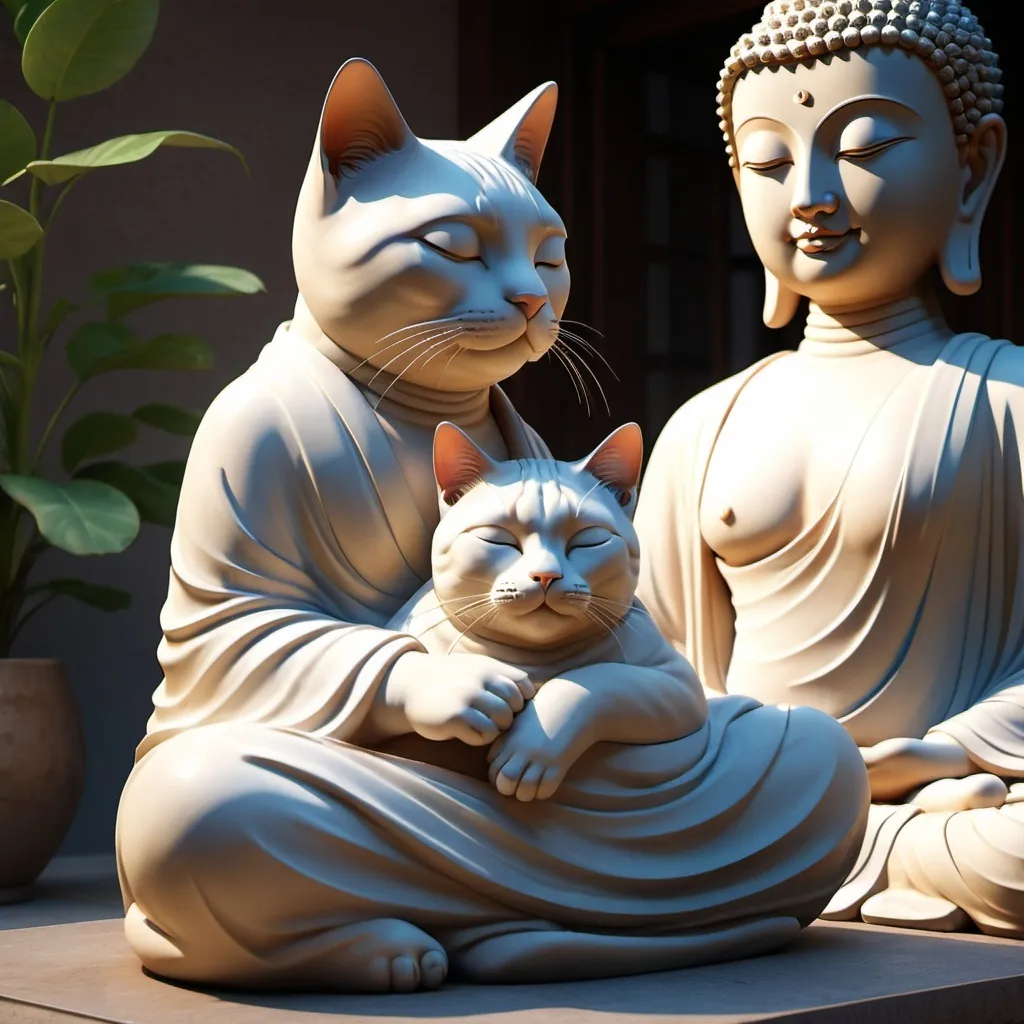 Prompt: A serene and calming 3D render of a cat snuggling up against a statue of Buddha. The cat, with its eyes closed, is completely relaxed and content, its body nestled closely to the statue. The Buddha statue exudes a sense of calm and peace, with its gentle, serene expression. The warm, soft lighting and harmonious colors create an atmosphere of tranquility and comfort, making the viewer feel at ease., 3d render, photo