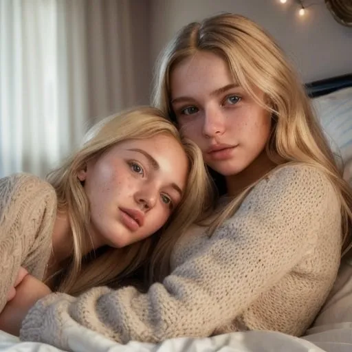Prompt: Realistic portrayal of a 20-year-old blonde with a brunette friend in a cozy bedroom setting, soft skin texture, detailed facial expressions, natural lighting, realistic color tones, intricate details, high quality, realistic style, detailed facial expressions, soft skin texture, natural lighting, cozy atmosphere, realistic color tones, 