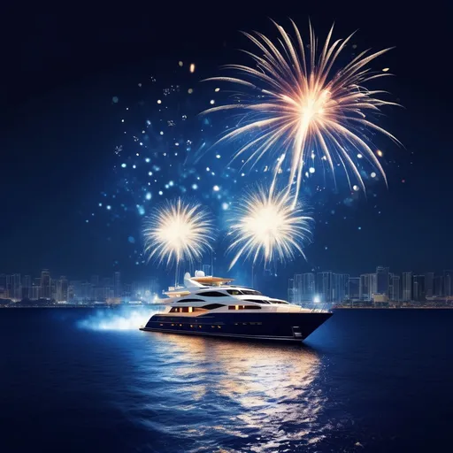 Prompt: yacht picture with firework on sky for create Happy new year artwork , keep upper space for put text ( But I will put text by myself later ), Blue navy theme