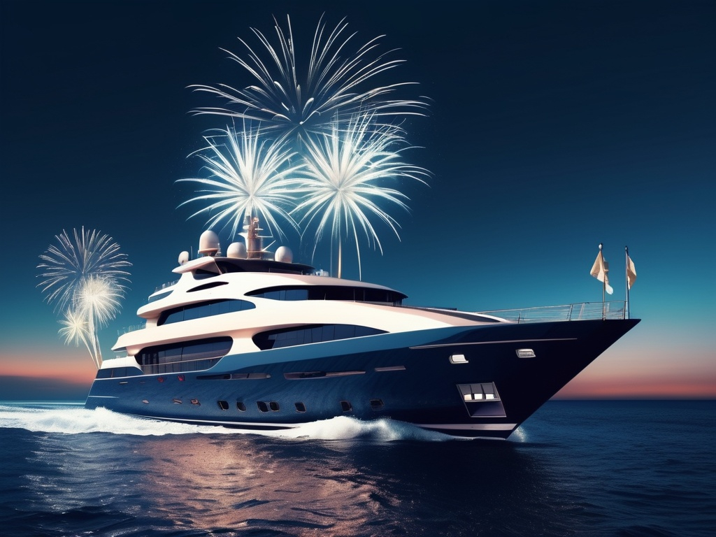 Prompt: Generate yacht picture Happy new year keep upper space for put text ,Blue navy theme