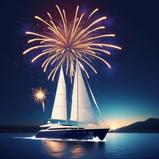 Prompt: yacht with firework on sky for create Happy new year artwork , keep upper space for put text ( But I will put text by myself later ), Blue navy theme