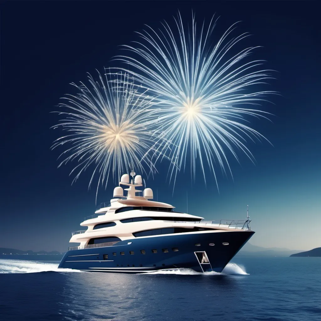 Prompt: Generate yacht picture Happy new year keep upper space for put text ,Blue navy theme