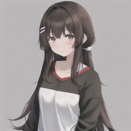 Prompt: 18 anime girl with long dark brown hair, with a little curve hair piece, black brown eyes, red cheeks, wearing a white wet student clothes, cute