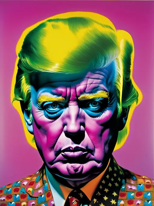 Prompt:  <mymodel> a picture of Donald Trump as  Andy Warhol, looking badass, lsd and cocaine, psychedelic mayhem from American hell, nukes, mascots, fast food,  FARTFUCKFOOPI, 77 punk,  background is an optical illusion, 